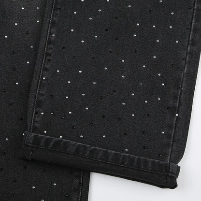 BKQU Straight Baggy Jeans Women High Waist Wide Leg Rhinestones Denim Long Pants 2023 Fashion Streetwear Diamonds Shinny Trouser