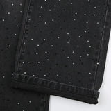 BKQU - Pantalones vaqueros rectos y holgados para mujer, cintura alta, pierna ancha, con diamantes de imitación, largos, moda urbana 2021, pantalones brillantes con diamantes