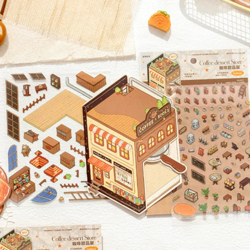 Mr. Paper 6Pcs/bag miniature store series folding scenic stickers visual stacking stickers stationery for DIY Journal, Scrapbook