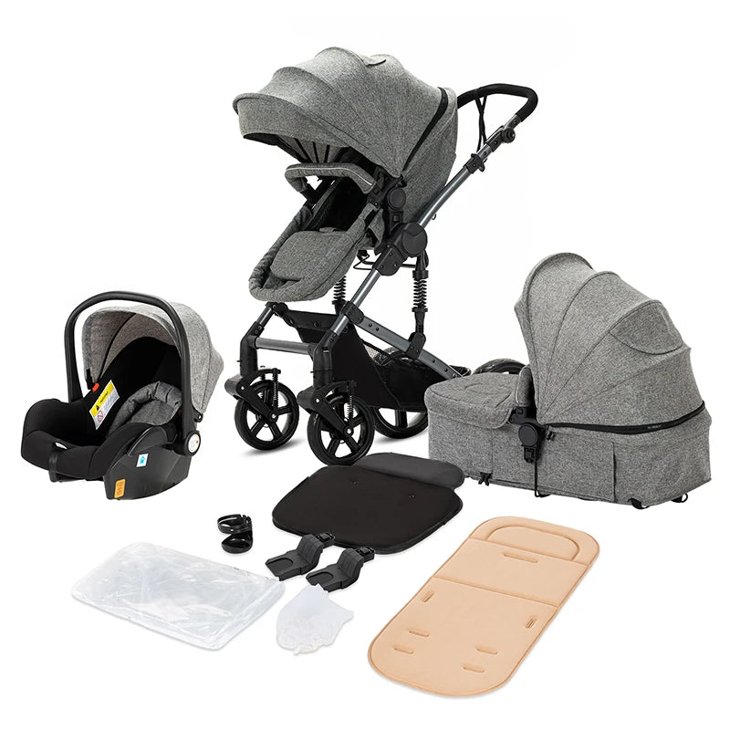 Cochecito de bebé ligero 3 en 1, sistema de viaje de lujo con asiento ajustable, capota y mosquitera para recién nacidos.