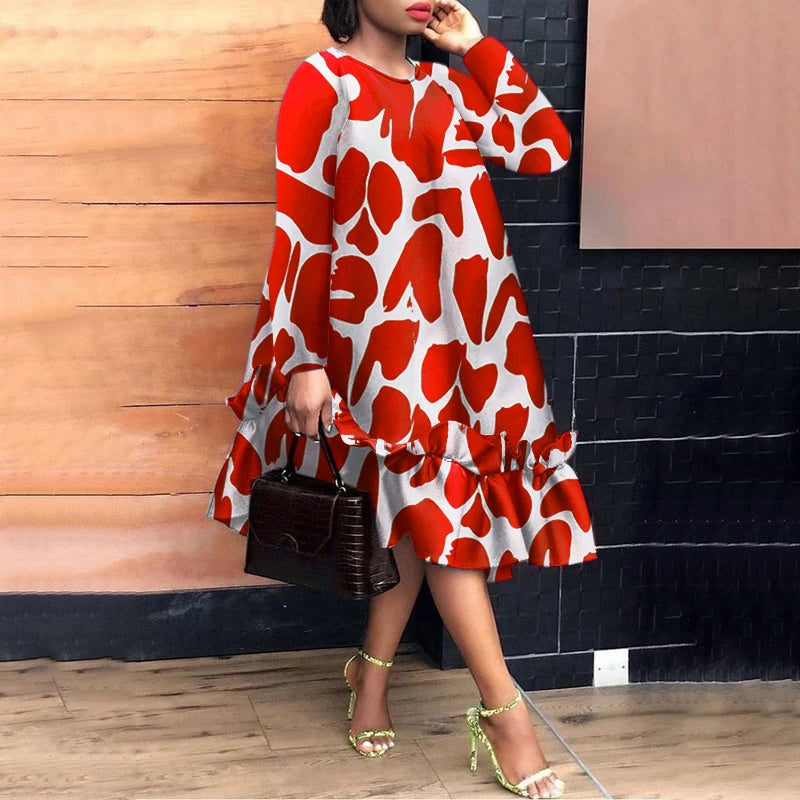 Plus Size 5XL VONDA Women Elegant Midi Dress 2024 Bohemian Printed Sundress Autumn Long Sleeve Casual Loose Robe Femme Vestidos