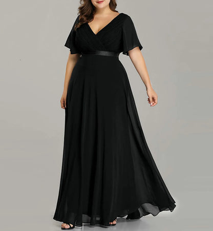 New Women Plus Size Evening Dresses Long Elegant A Line V Neck Ruffles Chiffon Formal Wedding Party Dress Robe De Soiree