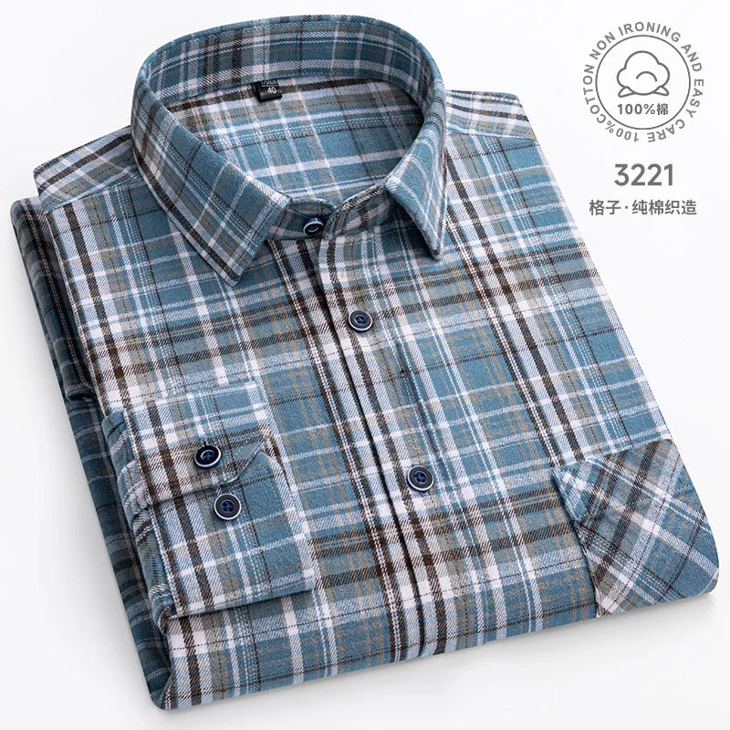 Men Fashion Long Sleeve Brushed Flannel Shirt Single Pocket Comfortable 100% Cotton Casual Slim Fit Button-down Plaid Shirts 8XL