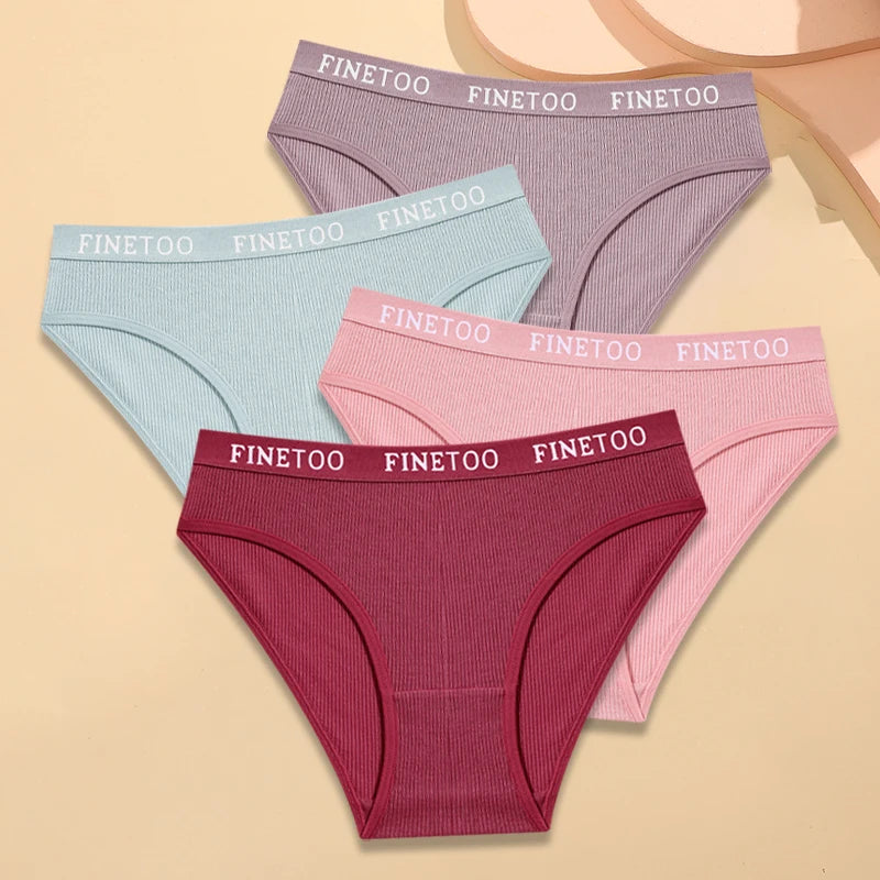 FINETOO - 4 piezas de ropa interior de algodón a rayas para mujer, bragas con cinturón y letras, lencería de cintura baja, bragas transpirables sólidas