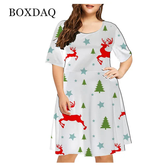 Vestido rojo holgado con estampado navideño para mujer, Navidad, muñeco de nieve, copo de nieve, alce, manga corta, talla grande, divertido, bonito, a la moda, 6XL 