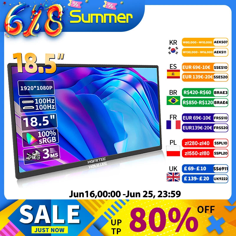 HGFRTEE 18.5inch Portable Monitor 100Hz RGB100% With VESA Hole & Back bracket Laptop Extended Display ADS-IPS HDR Screen