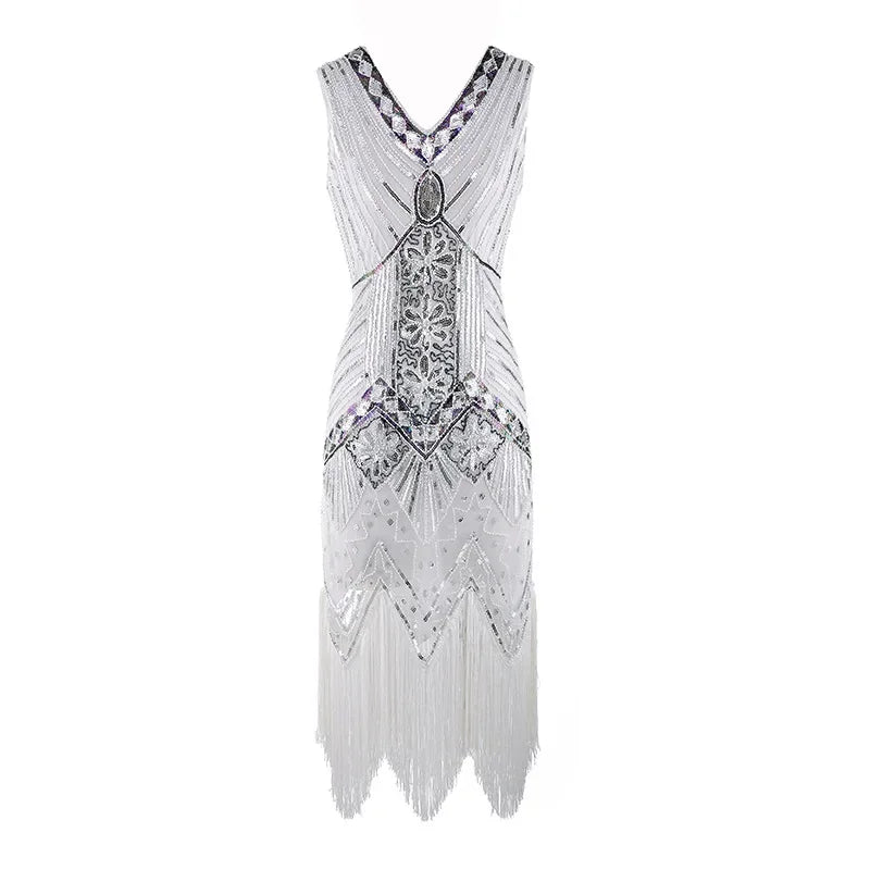 Mandylandy Women Vintage Dress Retro 1920s Great Gatsby Dress Sequin Flapper Sleeveless Dancing Party Prom Tassel Hem Dress