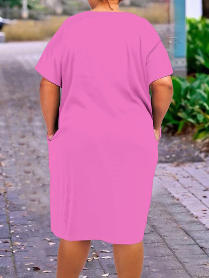Plus size 2025 verão nova moda feminina casual com decote em v 3d impresso vestido de manga curta poliéster rosa elegante