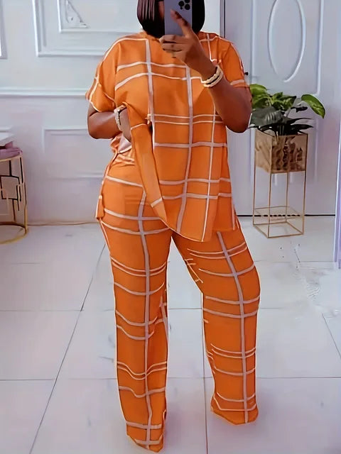 Conjunto feminino de 2 peças em grade listrada, casual, gola redonda, grande, confortável, novo, elementos de moda, primavera, outono
