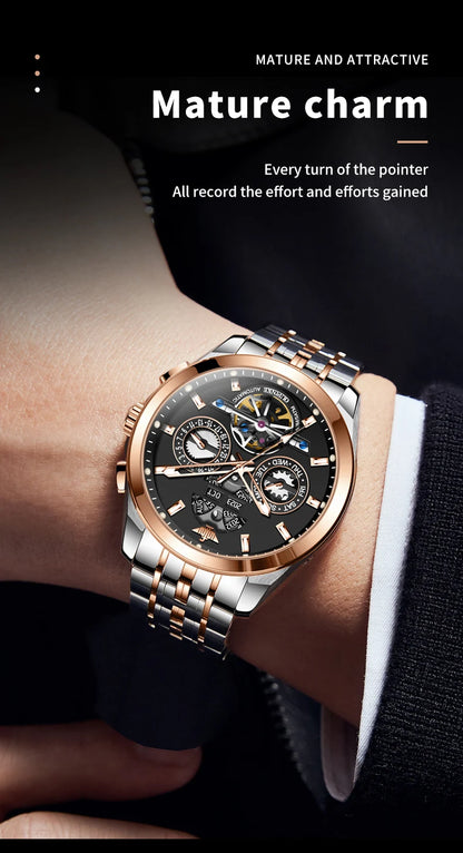 OUPINKE 3251 Skeleton Flywheel Automatic Watch for Men Stainless Steel Waterproof Wristwatch Luxury Sapphire Mirror Men's Watch