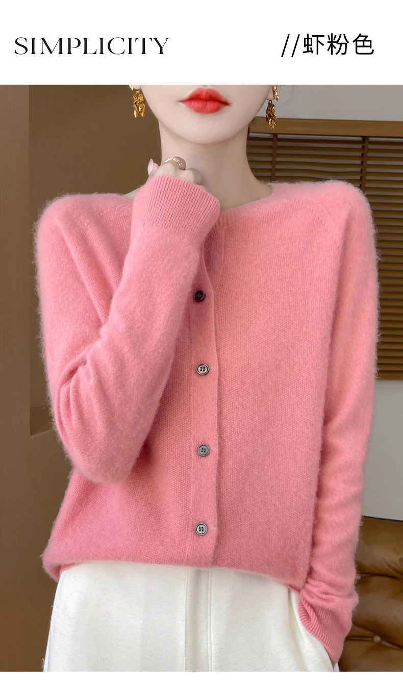 100% Merino Wool Long Sleeve Sweaters Cashmere Cardigan Spring Autumn Women O-Neck Knitwear Tops Clothing Fashion Basic Tops