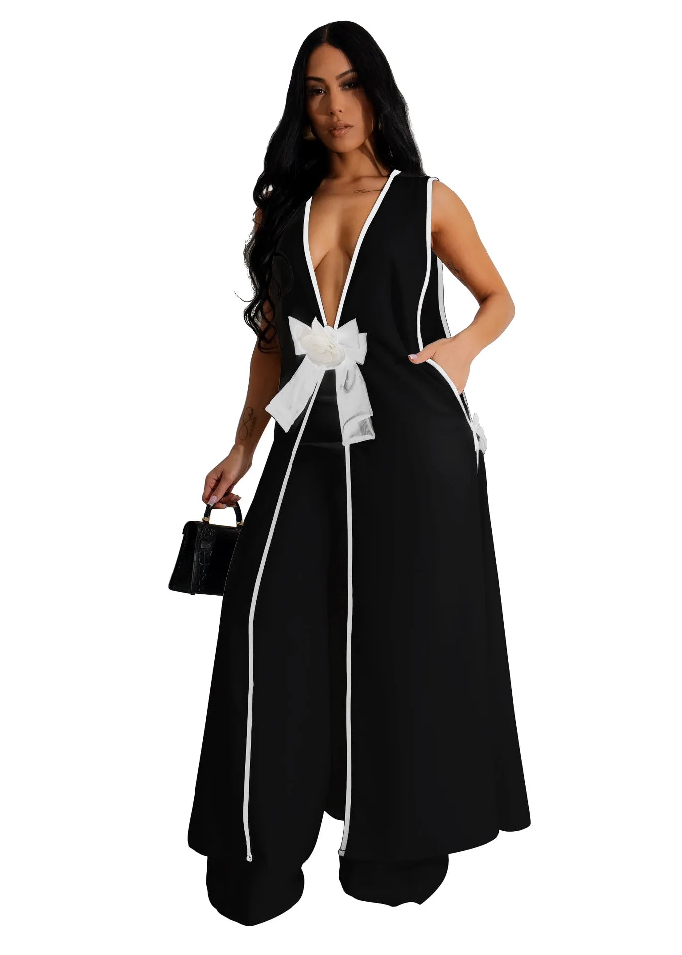 Two Piece Set Women Tracksuit Spliced Vest Pant Sets Elegant High Street Work Ankle Length Wide Leg Pants Loose Matching Sets