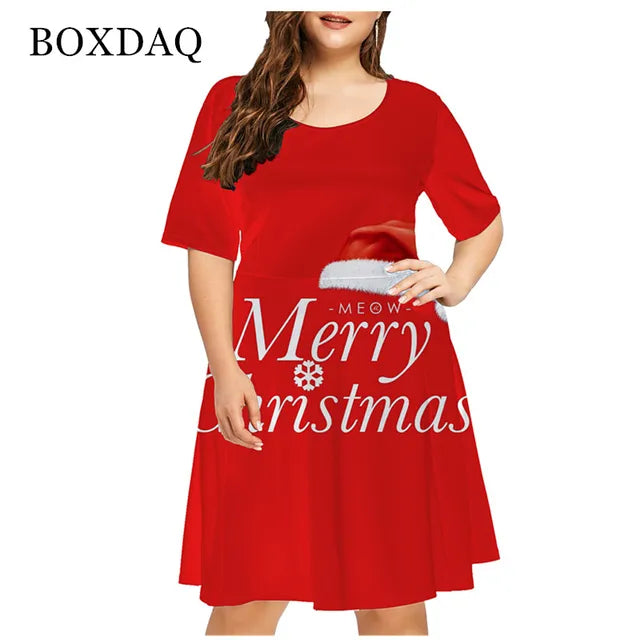 Vestido rojo holgado con estampado navideño para mujer, Navidad, muñeco de nieve, copo de nieve, alce, manga corta, talla grande, divertido, bonito, a la moda, 6XL 