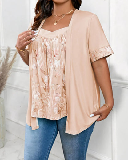 Camiseta plus size 2 em 1 com estampa floral, tops casuais de manga curta para primavera e verão, roupas femininas plus size