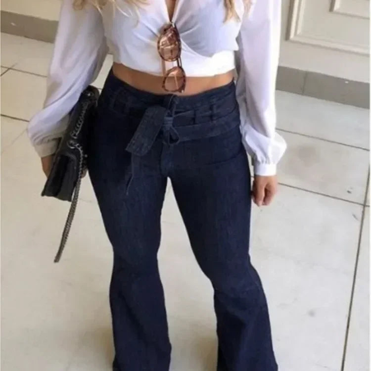 Pantalones vaqueros de mujer, de color liso, de cintura alta, acampanados, con cremallera, bolsillos planos, ropa de calle, ajustados, con botones y cinturón ligeramente elástico