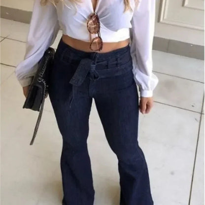 Pantalones vaqueros de mujer, de color liso, de cintura alta, acampanados, con cremallera, bolsillos planos, ropa de calle, ajustados, con botones y cinturón ligeramente elástico
