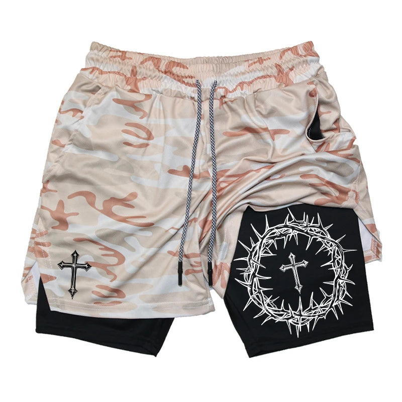 Cross Print 2 in 1 Workout Running Shorts for Men Christian Gym Performance Shorts with Phone Pocket Towel Loop Athletic Outfits
