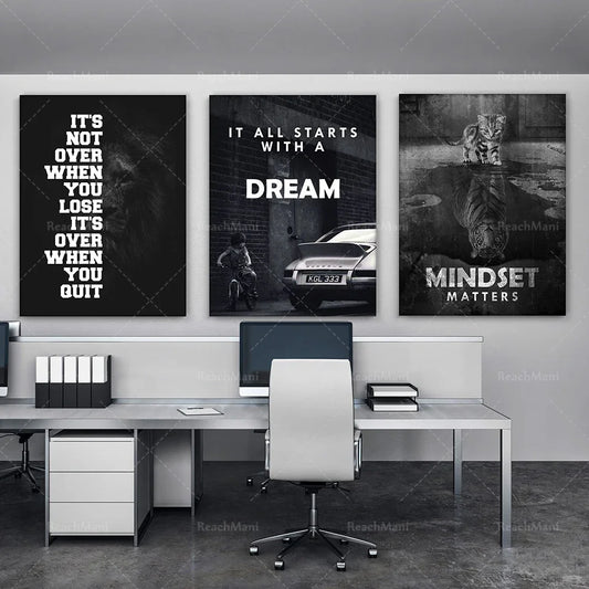 3x Inspirational Wall Art Canvas Prints Office Decoration 3 Pieces Bundled Mentality Matters / Everything Starts With a Dream PO