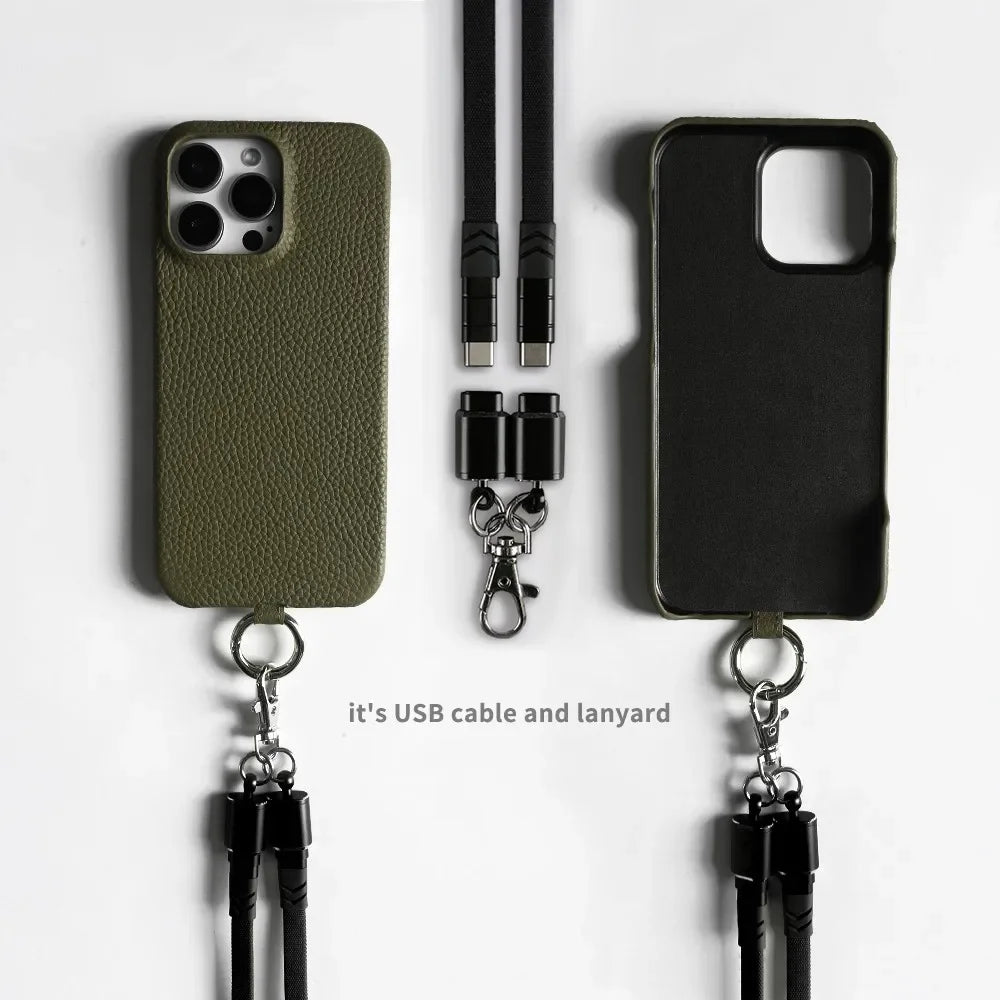 Funda de piel auténtica personalizable con cordón de carga para iPhone 16 Pro Max, 15, 14, 13, 12 y 11, con funda magnética.