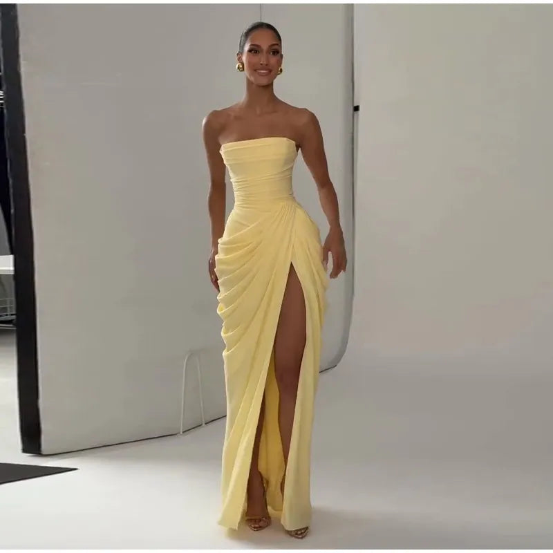 Sexy Solid Pleated Strapless Dress Lady Chic Off-shoulder Backless High Waist Split Dresses Women 2026 New Evening Party Gown