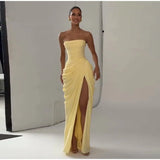 Sexy Solid Pleated Strapless Dress Lady Chic Off-shoulder Backless High Waist Split Dresses Women 2026 New Evening Party Gown