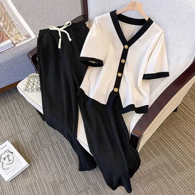 Plus size feminino verão outfit conjunto de uma peça elegante idade-reduzindo emagrecimento corpo moldar casual bell bottoms terno de duas peças