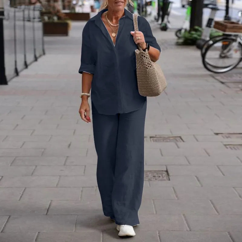 New Women's Plus Size Casual Linen Lapel Long-sleeved Shirt Suit Summer Solid Color Trousers Wide-leg Pants Two-piece Set