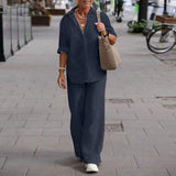 New Women's Plus Size Casual Linen Lapel Long-sleeved Shirt Suit Summer Solid Color Trousers Wide-leg Pants Two-piece Set