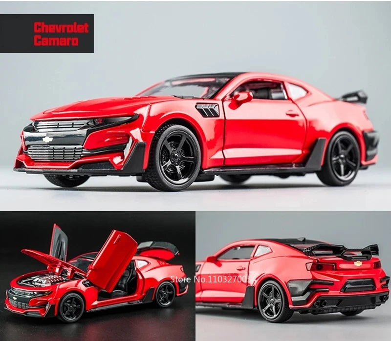 Scale 1/32 Camaro Toys Model Car Alloy Metal Diecast With 4 Door Opened Sound Light Pull Back Vehicle for Boy Gift Collection
