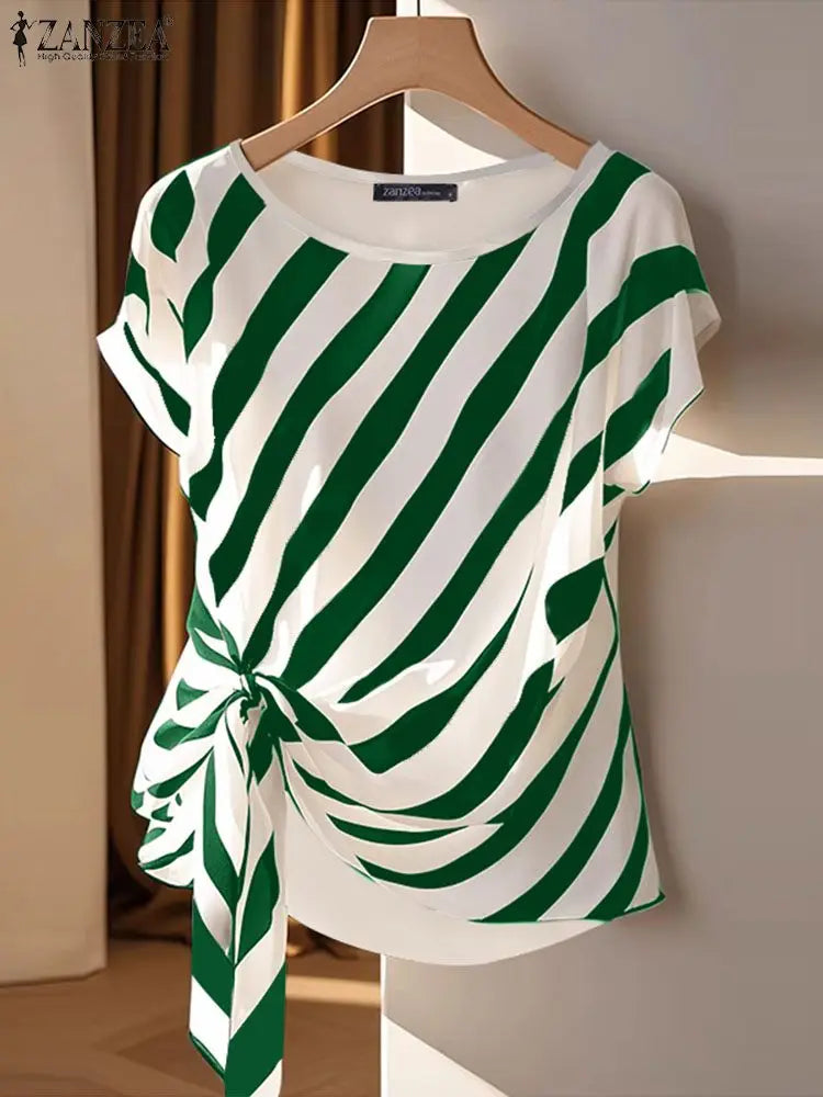 ZANZEA 2025, Tops estampados a rayas coreanas, blusa de manga corta a la moda, vacaciones de verano, túnica holgada con cinturón, Tops simples informales
