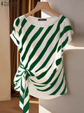 ZANZEA 2025, Tops estampados a rayas coreanas, blusa de manga corta a la moda, vacaciones de verano, túnica holgada con cinturón, Tops simples informales