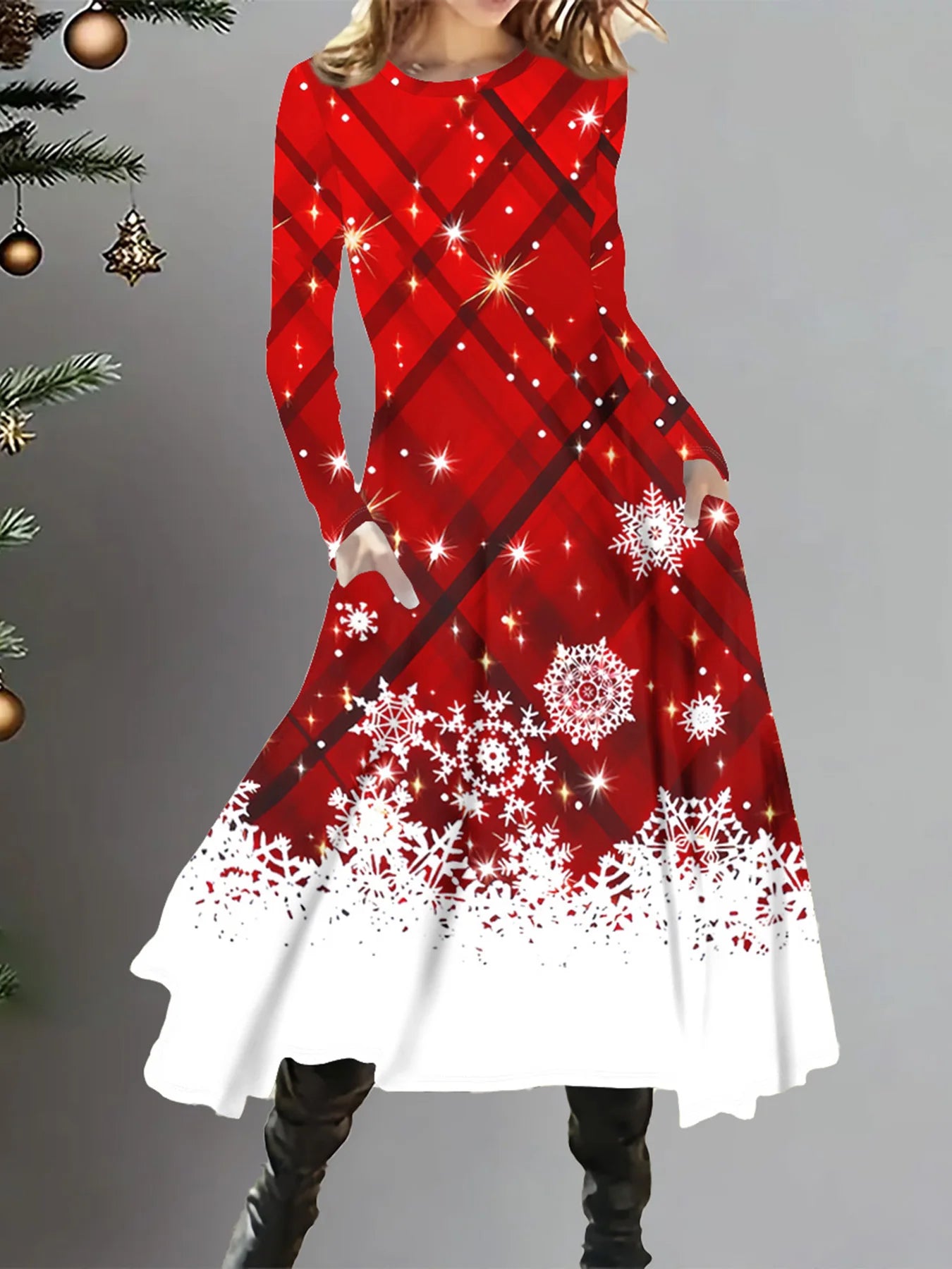 Plus Size Woman Printed Long Sleeve Christmas Dress Fashionable Women Party Dress  Xmas  Plus Size Women Clothing