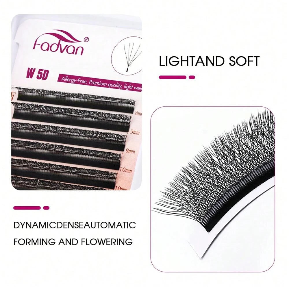 Extensiones de pestañas postizas Fadvan Light 5D con forma de W de 0,07 mm de diámetro, rizadas, con degradado de visón sintético, prefabricadas, con volumen en abanico. 