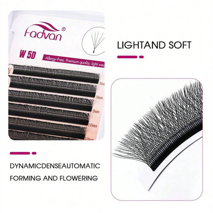 Extensiones de pestañas postizas Fadvan Light 5D con forma de W de 0,07 mm de diámetro, rizadas, con degradado de visón sintético, prefabricadas, con volumen en abanico. 