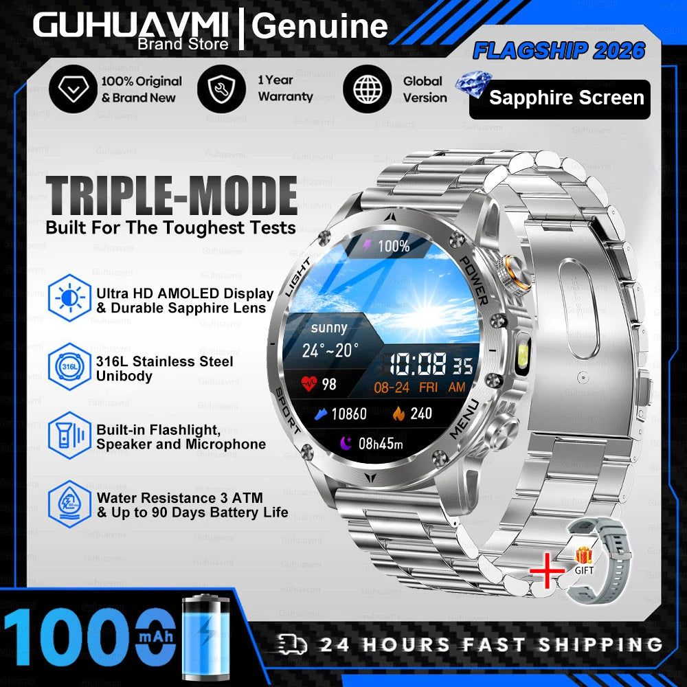 Novo Smartwatch Militar para Atividades ao Ar Livre (Modelo 2026) – Bateria de 1000 mAh de Longa Duração, Monitoramento de Fitness, À Prova d'Água, Estilo Tático e Esportivo