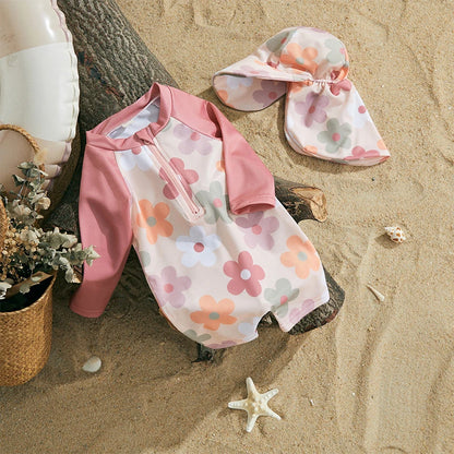 Trajes de baño de verano para niñas y niños pequeños, de manga larga, con estampado floral/tropical, con cremallera y sombrero.