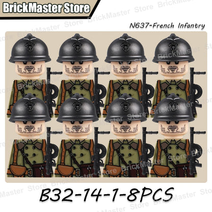 WW2 French Soldier Figure Building Blocks Military War Weapon Medical Officer Army Infantry Warrior Cavalry Gun Bricks Toy Gifts