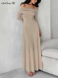 Mnealways18 Terry Knitted Slash Neck Long Dresses Women Solid Party Evening Ruched Ankle-Length Dress Autumn 2024 Knitwear Dress