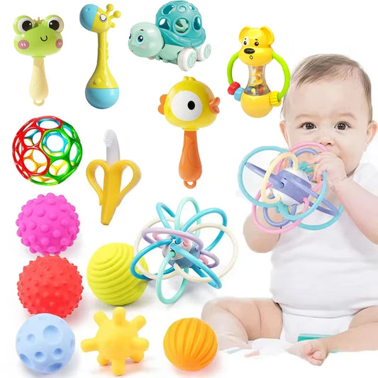 Baby Toys 0-6 Months Rattle Teether Development Games Sensory Toys Soft Silicone Teether Chewable For Newborns Babies 12 Months