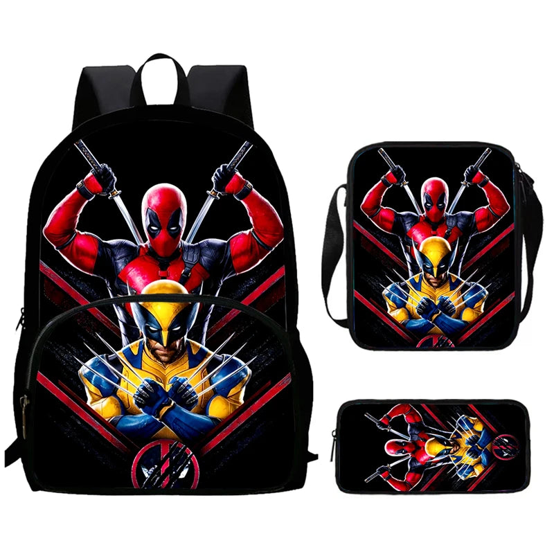 Mochilas para niños de 3 piezas con dibujos animados de DEADPOOL y WOLVERINE, mochila para estudiantes, bolso de hombro, estuche para lápices, regalo perfecto para niños y niñas.