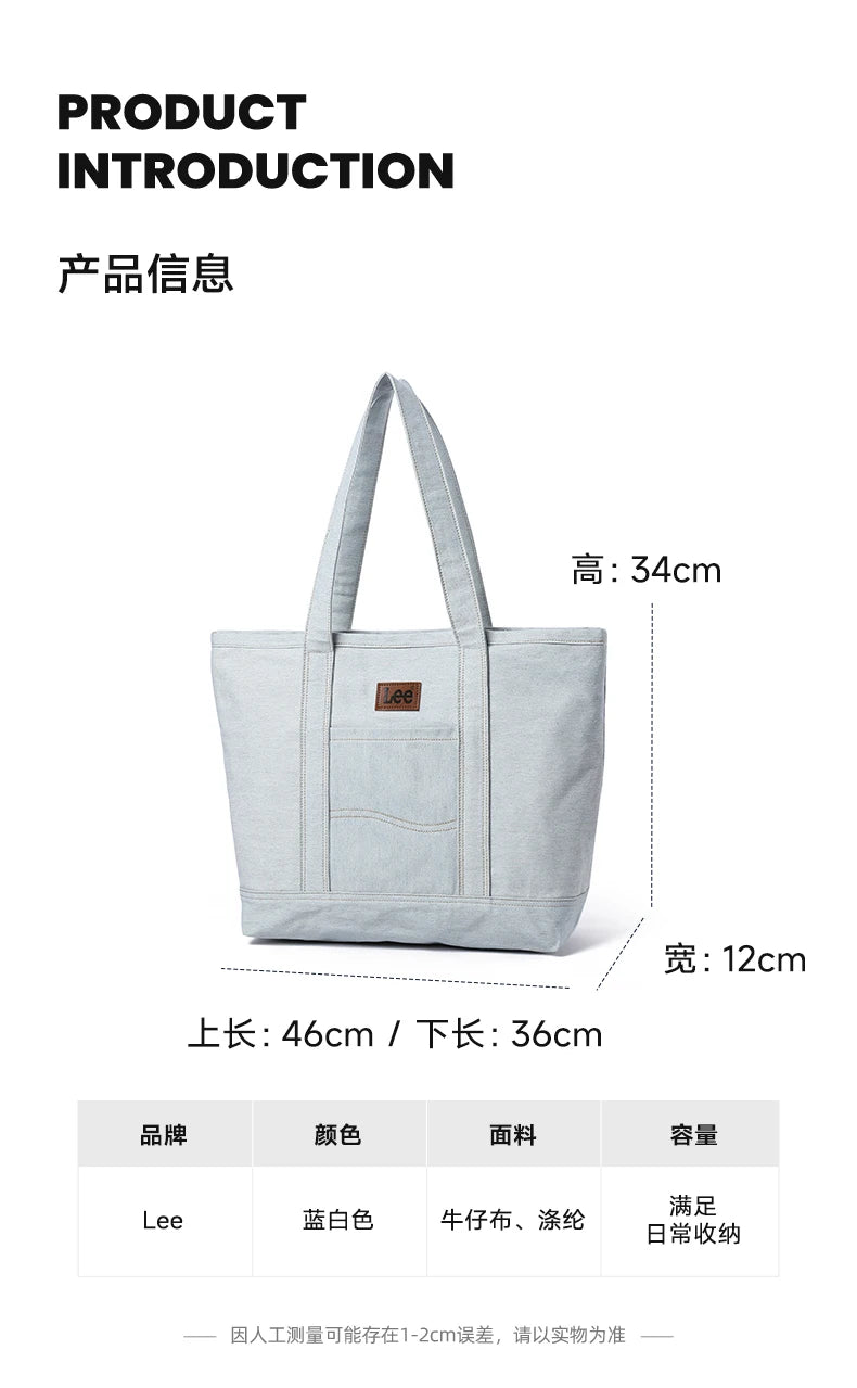 LEE Unisex Utility Canvas Leather Zipper Tote Bag Casual Denim Daily Shopping Handbag Women Men Durable Student School Book Bag