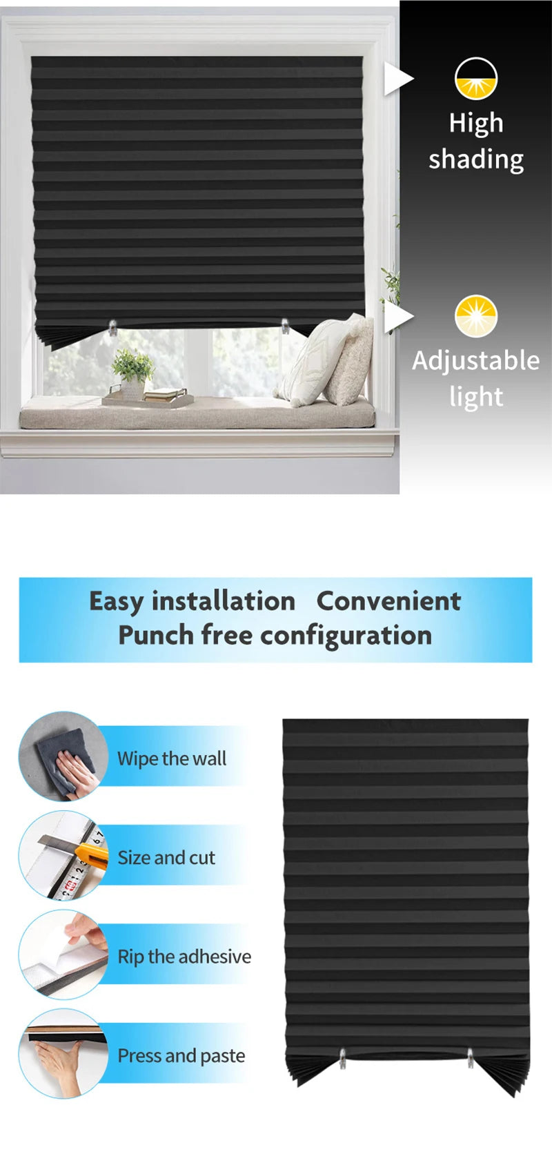 Self-Adhesive Pleated Blind High Shading Non-Woven Window Shade Bathroom Kitchen Balcony Zebra Blackout Curtain