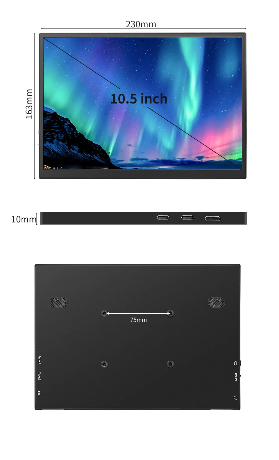 HGFRTEE 100%sRGB 10.5 inch Portable Monitor 1280P 420Cd/m ² Second screen For Laptop Mac Xbox PS4/5 Switch PC Extension Display