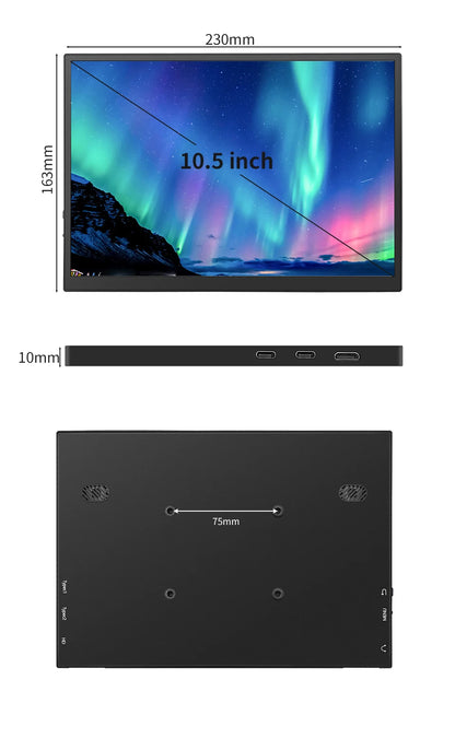 HGFRTEE 100%sRGB 10.5 inch Portable Monitor 1280P 420Cd/m ² Second screen For Laptop Mac Xbox PS4/5 Switch PC Extension Display