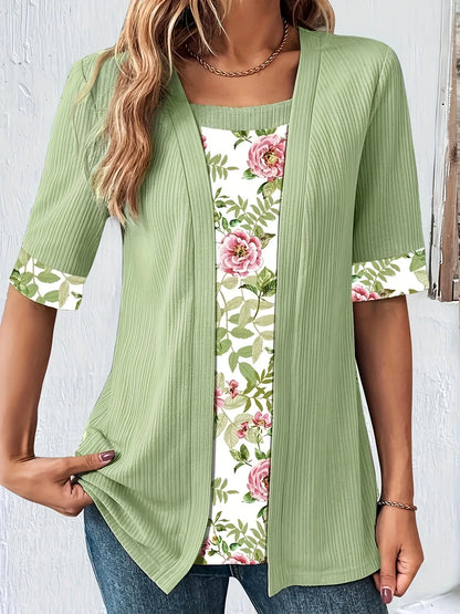2024 plus size t camisas moda feminina elegante retalhos falso camisas de duas peças verão casual impressão meia manga senhoras soltas topos