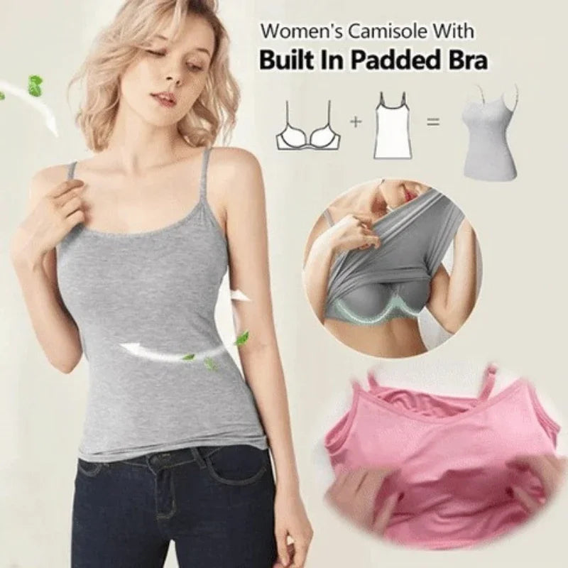 Camisola sexy con sujetador acolchado sólido y tirantes finos para mujer, camiseta sin mangas con sujetador incorporado, 2024