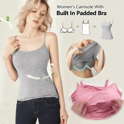 Camisola sexy con sujetador acolchado sólido y tirantes finos para mujer, camiseta sin mangas con sujetador incorporado, 2024