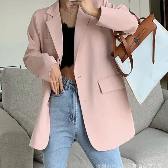 Elegant Modern Women's Suit Jacket Loose Fit Long Sleeves Solid Color Western Style Clothes Korean Version Tailored Coat