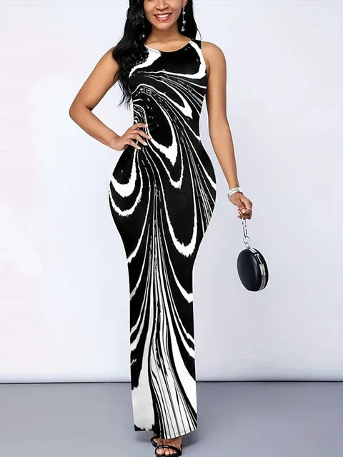 All Over Print Split Tank Dress, Elegant Sleeveless Bodycon Maxi Dress for Spring Summer, Women Clothing 