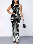 All Over Print Split Tank Dress, Elegant Sleeveless Bodycon Maxi Dress for Spring Summer, Women Clothing 